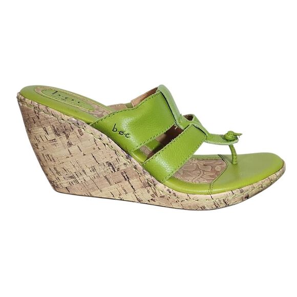 b.o.c. Green Leather Cork Sole Wedge Sandals Size 9 Green Leather Wedges - Picture 1 of 13